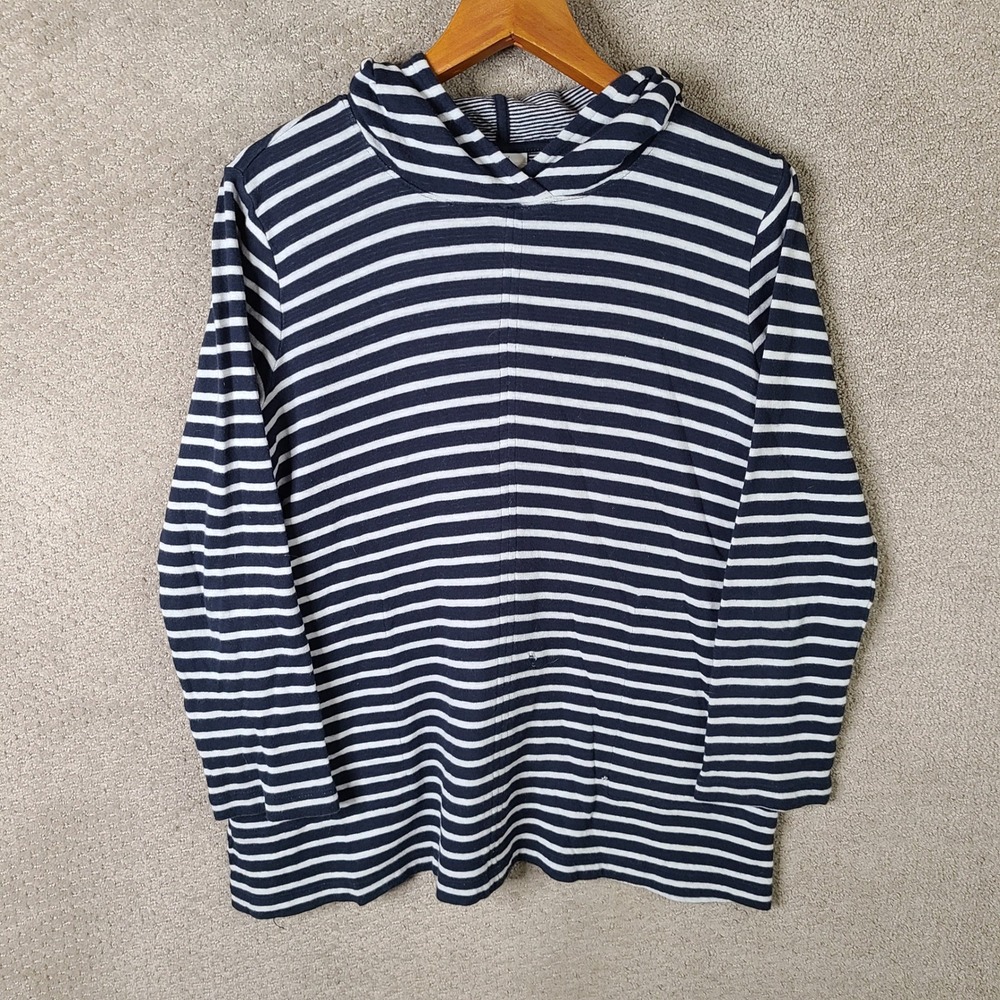 J Jill Hoodie Womens Small Blue‎ White Striped Pullover Tunic Cotton Sweatshirt